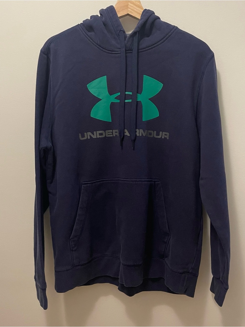 Mens Under Armour Rival Cold Gear Navy Pullover Hoodie with Teal Logo